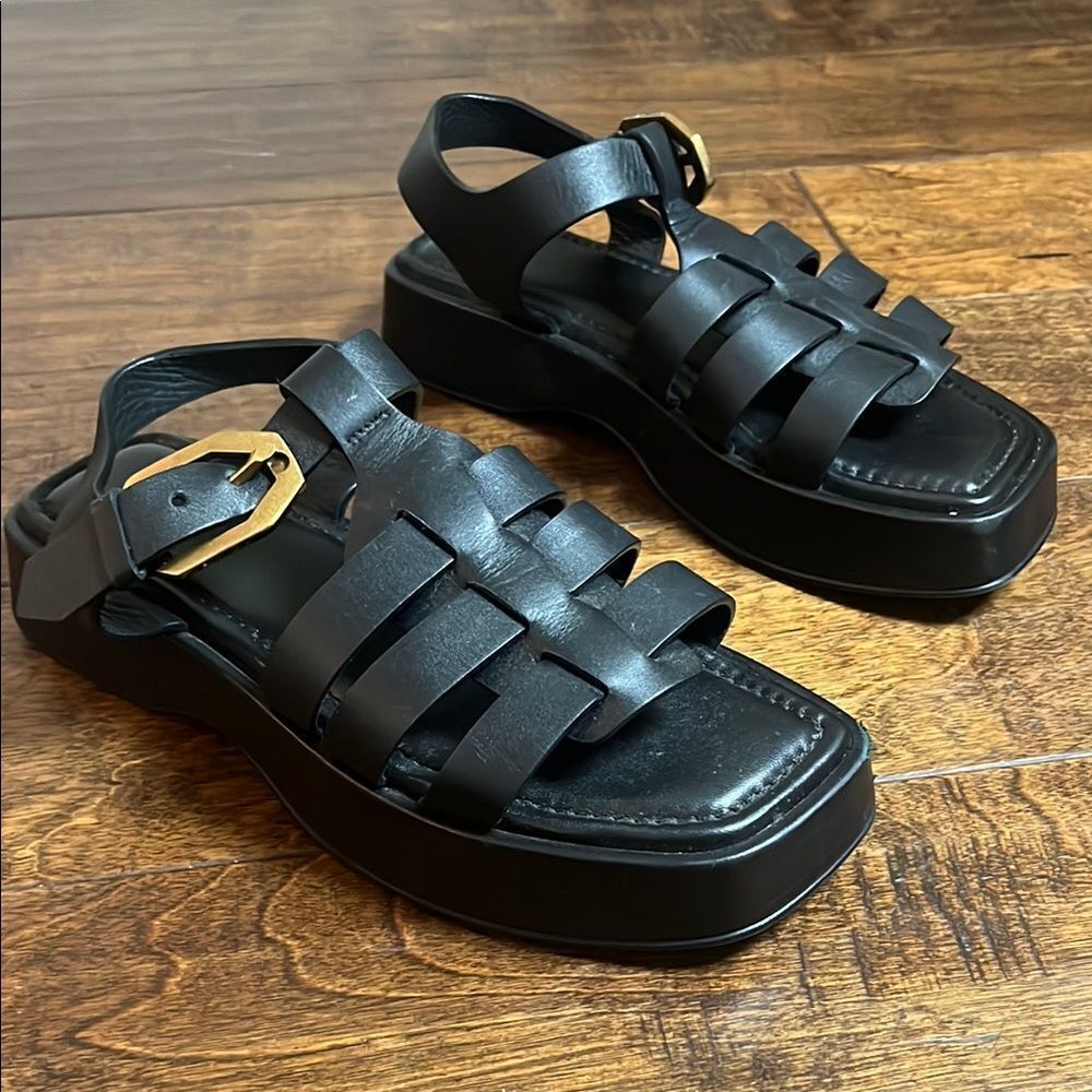 Frame Black Leather Platform Gladiator Sandal, size 36.5 EU/6.5 US